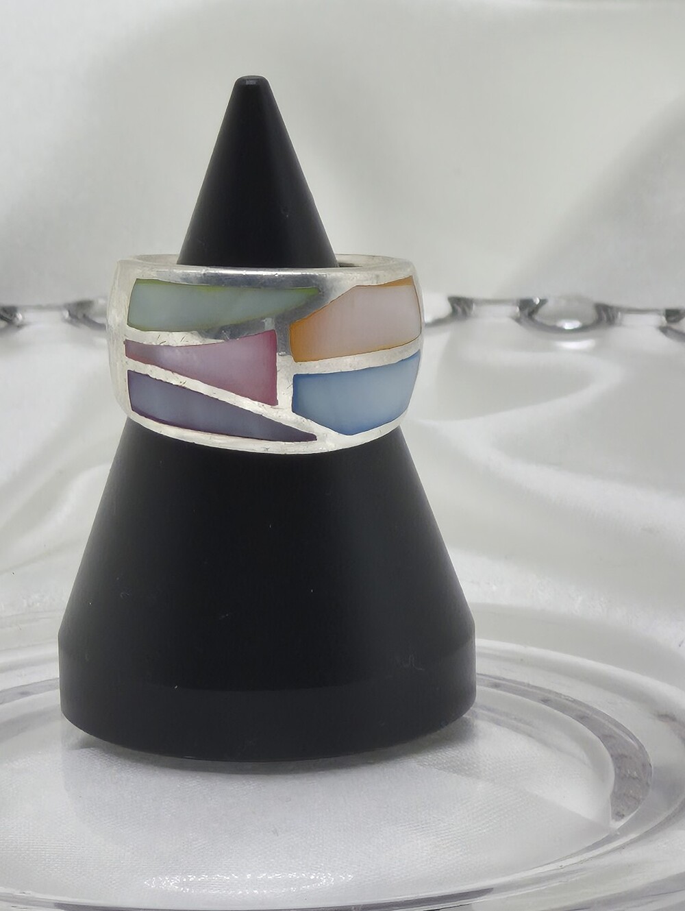 Sterling Silver Multicolor Pastel Mother Of Pearl (MOP) Inlay Band Ring Mosaic